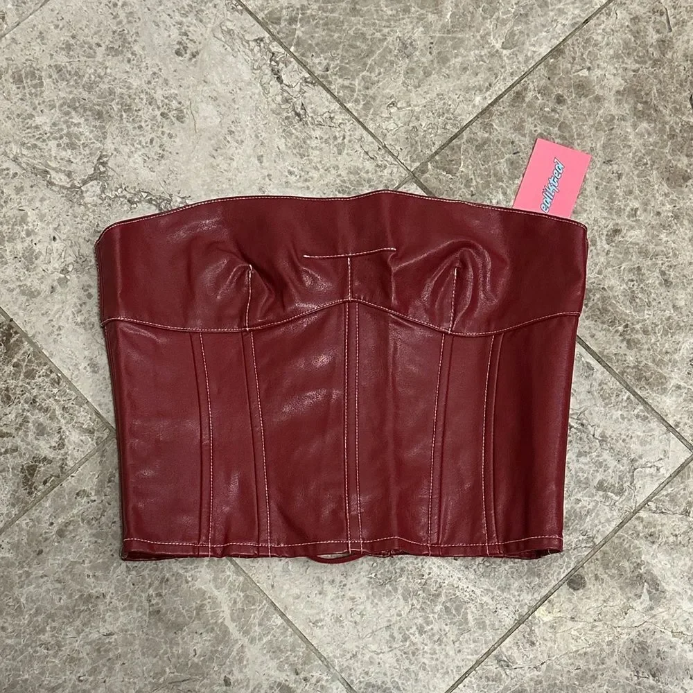 Edikted Moss Faux Leather Lace Up Corset Burgundry NEW Medium